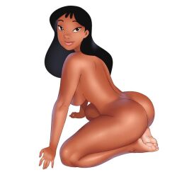 Rule 34 | 1girl, ass, barefoot, benjicomix, black hair, breasts, brown eyes, commission, completely nude, dark-skinned female, dark skin, from side, full body, kneeling, large breasts, light soles, lilo &amp; stitch, long hair, looking at viewer, nani pelekai, nude, simple background, smile, soles, solo, toes, white background