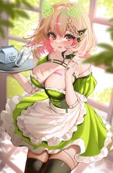 Rule 34 | 1girl, a.n.n.j. (annjelife), absurdres, android, apron, bare shoulders, black thighhighs, blonde hair, blurry, blurry background, blush, braid, breasts, chest tattoo, colored inner hair, corset, cup, dress, drinking glass, green corset, green dress, highres, holding, holding tray, indie virtual youtuber, joints, large breasts, looking at viewer, maid apron, multicolored hair, off-shoulder dress, off shoulder, open mouth, pink hair, pointy ears, red eyes, robot joints, rosebell, short hair, solo, tattoo, thighhighs, tray, virtual youtuber