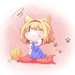 Rule 34 | 1girl, alice margatroid, animal ears, blonde hair, blush, cat ears, cat girl, cat tail, chibi, fang, female focus, hairband, kemonomimi mode, md5 mismatch, mintmochi (artist), mochinabe, one eye closed, paw print, pillow, resolution mismatch, short hair, solo, source smaller, tail, touhou, wink, yarn, yarn ball