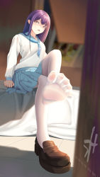 Rule 34 | 1girl, crossed legs, feet, highres, loafers, long hair, looking at viewer, open mouth, pantyhose, school uniform, serafuku, shaded face, shoes, single shoe, sitting, soles, toes, white pantyhose