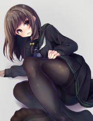 Rule 34 | 1girl, black sailor collar, black serafuku, black shirt, black skirt, blush, borrowed character, bow, brown eyes, brown hair, commentary request, dutch angle, fingernails, grey background, hair bow, highres, long hair, long sleeves, looking at viewer, lying, momoirone, neckerchief, no shoes, on side, open mouth, original, panties, panties under pantyhose, pantyhose, pleated skirt, sailor collar, school uniform, serafuku, shirt, skirt, sleeves past wrists, soles, solo, teeth, thighband pantyhose, underwear, upper teeth only, white neckerchief, yellow bow