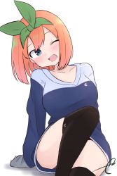 Rule 34 | 1girl, ;d, black panties, black thighhighs, blue eyes, blue shirt, blush, breasts, collarbone, commentary request, eyebrows hidden by hair, feet out of frame, go-toubun no hanayome, green ribbon, hair ribbon, head tilt, highres, knee up, kujou karasuma, long hair, long sleeves, medium breasts, nakano yotsuba, one eye closed, open mouth, orange hair, panties, ribbon, shirt, signature, simple background, sitting, sleeves past wrists, smile, solo, thighhighs, underwear, white background