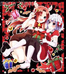 Rule 34 | 2girls, alternate costume, animal costume, antlers, aqua eyes, black footwear, black pants, blue eyes, boots, braid, breasts, brown dress, chitose (usacan), christmas, dress, elbow gloves, gift, gloves, hair ribbon, holding, holding gift, hong meiling, horns, izayoi sakuya, large breasts, long hair, looking at another, looking at viewer, maid headdress, medium breasts, multiple girls, off shoulder, one eye closed, open mouth, pants, parted bangs, puffy short sleeves, puffy sleeves, red hair, reindeer antlers, reindeer costume, ribbon, santa costume, short dress, short hair, short sleeves, silver hair, touhou, tress ribbon, twin braids, v, white footwear, white gloves