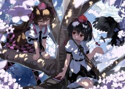 Rule 34 | 2girls, animal, bird, black hair, black skirt, brown hair, buttons, checkered clothes, checkered skirt, cherry blossoms, closed eyes, collared shirt, crow, frilled skirt, frills, hair between eyes, hat, himekaidou hatate, in tree, long hair, monosenbei, multiple girls, open mouth, pointy ears, puffy short sleeves, puffy sleeves, purple headwear, red eyes, red headwear, shameimaru aya, shirt, short hair, short sleeves, sitting, sitting in tree, skirt, smile, tokin hat, touhou, tree, white shirt