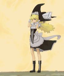 Rule 34 | 1girl, apron, blonde hair, bow, braid, curiosities of lotus asia, female focus, frills, hair bow, hat, highres, kirisame marisa, long hair, looking at viewer, pinzu, purple eyes, simple background, single braid, solo, touhou, witch, witch hat, wrist cuffs