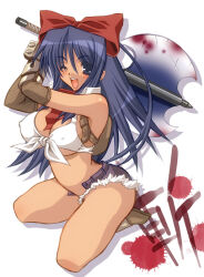 1girl ;d axe bandana bandana_around_neck bare_shoulders blacksmith_(ragnarok_online) blood_on_axe blue_hair bow breasts brown_gloves cleavage covered_erect_nipples crop_top cropped_shirt cutoffs drop_shadow elbow_gloves full_body gloves hair_between_eyes hair_bow hakoiri_nyanko holding holding_axe large_breasts long_hair micro_shorts one_eye_closed open_fly open_mouth purple_shorts ragnarok_online red_bandana red_bow shirt shorts simple_background sleeveless sleeveless_shirt smile solo teeth tied_shirt underboob upper_teeth_only white_background white_eyes white_shirt