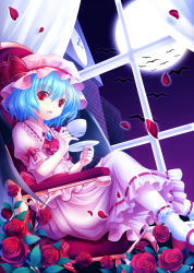 Rule 34 | 1girl, bat (animal), blue hair, clock, clock tower, cup, dress, female focus, flower, full moon, hat, crossed legs, mao a mi mi, moon, open mouth, petals, red eyes, remilia scarlet, rose, sitting, slit pupils, solo, teacup, touhou, tower