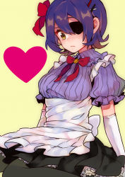 Rule 34 | 10s, 1girl, alternate costume, apron, bad id, bad pixiv id, black legwear, breasts, dress, elbow gloves, enmaided, eyepatch, fumi (aoi125), gloves, highres, kantai collection, looking at viewer, maid, maid apron, puffy short sleeves, puffy sleeves, purple hair, short hair, short sleeves, sitting, solo, sweater, tenryuu (kancolle), wariza, yellow eyes