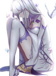 Rule 34 | 1girl, absurdres, bare shoulders, blunt bangs, boots, bug, butterfly, curled up, detached sleeves, emilia (re:zero), from side, hair ornament, highres, insect, long hair, looking at viewer, purple eyes, re:zero kara hajimeru isekai seikatsu, sitting, solo, thigh boots, thighhighs, unha, white background, white hair, x hair ornament