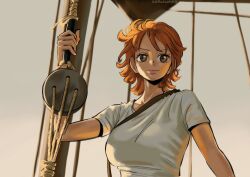 Rule 34 | 1girl, artist name, breasts, brown eyes, carli (carliwara), closed mouth, derivative work, highres, large breasts, nami (one piece), nami (one piece) (pre-timeskip), one piece, one piece (live action), orange hair, outdoors, rope, screenshot redraw, ship, shirt, smile, sunset, t-shirt, upper body, watercraft