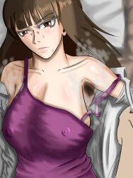 Rule 34 | 1boy, 1girl, armpit hair, armpits, breasts, brown eyes, brown hair, clothes pull, covered erect nipples, deshi2deshi, dress pull, girls und panzer, large breasts, long hair, looking at viewer, mature female, nishizumi shiho, off shoulder, open clothes, open shirt, upper body