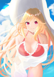 Rule 34 | 1girl, absurdres, arm under breasts, azur lane, bare shoulders, bikini, blue sky, breasts, cleavage, cloud, frilled swimsuit, frills, hat, highres, leaning forward, long hair, medium breasts, official alternate costume, one-piece swimsuit, orange hair, pink one-piece swimsuit, purple eyes, red bikini, richelieu (azur lane), richelieu (fleuron of the waves) (azur lane), see-through, sky, solo, sun hat, swimsuit, tsuri pi, very long hair, white hat