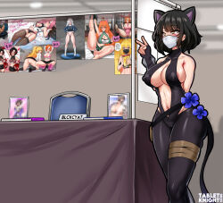 Rule 34 | 1girl, animal ears, areola slip, backless outfit, bare shoulders, black gloves, black hair, black leggings, black leotard, blake belladonna, breasts, cameltoe, cat ears, censored, center opening, cosplay, covered erect nipples, extra ears, fate/grand order, fate/prototype, fate/prototype: fragments of blue and silver, fate (series), fingerless gloves, gloves, hassan of serenity (fate), hassan of serenity (fate) (cosplay), large breasts, leggings, leotard, mask, medium hair, mosaic censoring, mouth mask, navel, neo politan, nora valkyrie, penny polendina, ruby rose, rwby, short hair, solo, standing, tabletknight, weiss schnee, yang xiao long, yellow eyes