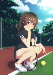 Rule 34 | 1girl, arm support, bad id, bad pixiv id, ball, breasts, brown hair, chain-link fence, fence, highres, long hair, moe2017, neronero0061, original, ponytail, purple eyes, racket, smile, solo, sportswear, squatting, tennis ball, tennis court, tennis racket, tennis uniform