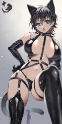 Rule 34 | 1girl, anger vein, animal ears, aqua eyes, bare shoulders, bikini, black choker, black gloves, black hair, black thighhighs, blush, bondage outfit, boots, breasts, cat ears, cat girl, cat tail, choker, dominatrix, duplicate, elbow gloves, female focus, garter belt, garter straps, gloves, harness, highres, impossible clothes, large breasts, latex, latex bikini, latex gloves, latex thighhighs, navel, o-ring, open mouth, original, ribbon, shino yoshihisa, short hair, simple background, solo, stomach, swimsuit, tail, tail ornament, tail ribbon, thigh boots, thighhighs, wide hips
