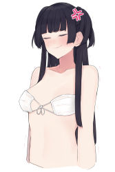 Rule 34 | 1girl, anger vein, angry, bikini, black hair, blush, breasts, dera self, closed eyes, highres, idolmaster, idolmaster shiny colors, long hair, mayuzumi fuyuko, medium breasts, mouth mask, simple background, smile, solo, standing, swimsuit, trembling, two side up, upper body, white background, white bikini