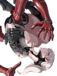 Rule 34 | 1girl, absurdres, amputee, android, artificial eye, blonde hair, blurry, depth of field, double amputee, highres, looking at viewer, mechanical arms, mechanical eye, mechanical legs, mechanical spine, original, ponytail, red eyes, solo, upside-down, white background, yunimaru