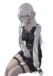 Rule 34 | 1girl, au ra, black gloves, black nails, breasts, commission, eyeliner, final fantasy, final fantasy xiv, fingerless gloves, fishnet thighhighs, fishnets, fov ps, garter straps, glasses, gloves, green eyes, horns, looking at viewer, makeup, medium breasts, necktie, pencil skirt, pixiv commission, scales, simple background, skirt, solo, thighhighs, vest, white background, white hair, zettai ryouiki