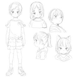 Rule 34 | 5girls, animal ears, blush, cat ears, expressionless, female focus, full body, looking at viewer, monochrome, multiple girls, original, poyntail, satsuyo, shoes, short hair, shorts, sketch, sneakers