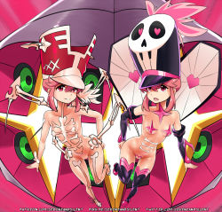Rule 34 | 1girl, adapted costume, boots, bottomless, breasts, dual persona, full body, hair between eyes, hand on own ass, hat, heart, heart-shaped pupils, heart pasties, high heel boots, high heels, highres, jakuzure nonon, jakuzure nonon (symphony regalia), kill la kill, pasties, pink hair, pussy, sereneandsilent, short hair with long locks, smug, solo, symbol-shaped pupils, teeth, thigh boots, thighhighs, thighs, uncensored, upper teeth only