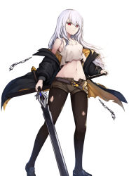 Rule 34 | 1girl, bare shoulders, belt, black footwear, black jacket, black pantyhose, blacktheif, breasts, brown shorts, cleavage, commentary request, frown, holding, holding sword, holding weapon, jacket, looking at viewer, medium breasts, navel, off-shoulder jacket, off shoulder, open fly, original, pantyhose, red eyes, shirt, shoes, short shorts, shorts, solo, sword, torn clothes, torn pantyhose, weapon, white hair, white shirt