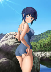 Rule 34 | 1girl, adjusting clothes, adjusting swimsuit, ass, bare arms, bare shoulders, black hair, blue eyes, blue one-piece swimsuit, blue sky, blunt bangs, blush, breasts, competition school swimsuit, cowboy shot, day, from behind, furuyama itaru, large breasts, lens flare, looking at viewer, looking back, one-piece swimsuit, original, outdoors, parted lips, pond, rock, school swimsuit, short hair, sky, solo, sunlight, swimsuit, water, wet
