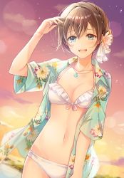 Rule 34 | 1girl, :d, aqua shirt, bikini, black hair, blue eyes, braid, breasts, collarbone, commentary request, floral print, flower, french braid, front-tie bikini top, front-tie top, hair flower, hair ornament, hair ribbon, hand up, hawaiian shirt, highres, jewelry, looking at viewer, mono lith, navel, open clothes, open mouth, open shirt, original, pendant, print shirt, ribbon, round teeth, shirt, short sleeves, small breasts, smile, solo, sunset, swimsuit, teeth, upper teeth only, white bikini, white flower, white ribbon