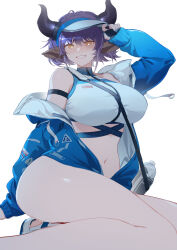 Rule 34 | 1girl, absurdres, animal ears, arknights, armband, bare legs, blue jacket, blush, breasts, bright pupils, cow ears, cow horns, fingernails, hand on headwear, highres, horns, jacket, jacket partially removed, large breasts, legs, nail polish, navel, official alternate costume, purple hair, shibuya (kurokamishain), short hair, sideroca (arknights), sideroca (light breeze) (arknights), simple background, smile, solo, sweatdrop, thighs, visor cap, white background