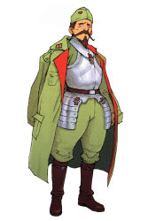 Rule 34 | 1boy, advance wars, advance wars: dual strike, armor, beard, belt, black eyes, boots, brown hair, coat, facial hair, full body, garrison cap, hat, highres, hirata ryou, javier (advance wars), knee boots, male focus, military, military uniform, mustache, nintendo, official art, open clothes, short hair, simple background, solo, standing, trench coat, uniform