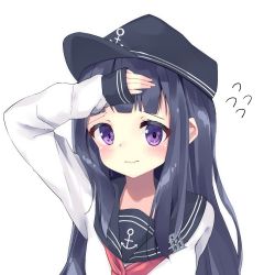 Rule 34 | 1girl, 3:, akatsuki (kancolle), alternate hairstyle, anchor symbol, arm behind back, badge, black hat, black sailor collar, blouse, blunt bangs, blush, commentary request, flat cap, flat chest, flying sweatdrops, hamaru (s5625t), hand on own forehead, hat, kantai collection, long hair, looking at viewer, neckerchief, portrait, purple eyes, purple hair, red neckerchief, sailor collar, school uniform, serafuku, shirt, sidelocks, simple background, sleeves past wrists, solo, tsurime, wavy mouth, white background, white shirt