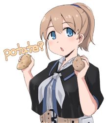 Rule 34 | 1girl, black shirt, blue eyes, brown hair, chestnut mouth, intrepid (kancolle), junes, kantai collection, looking at viewer, neckerchief, official style, open mouth, ponytail, potato, shirt, short hair, simple background, solo, typo, upper body, white background, white neckerchief