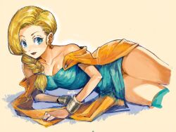 Rule 34 | 1girl, bare shoulders, bianca (dq5), blue eyes, bracelet, braid, breasts, cape, cleavage, collarbone, commentary request, cropped legs, dragon quest, dragon quest v, dress, earrings, green dress, green thighhighs, hair behind ear, hair over shoulder, jewelry, kaiseki, long hair, looking at viewer, lying, medium breasts, on side, open mouth, orange cape, simple background, single braid, solo, swept bangs, thighhighs, thighs