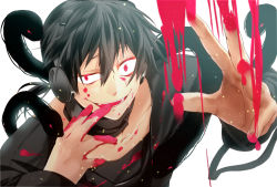 Rule 34 | 1boy, azuma (1009ace), bad id, bad pixiv id, black hair, blood, crazy eyes, crazy smile, dark konoha, fangs, grin, headphones, highres, kagerou project, konoha (kagerou project), licking, licking finger, male focus, outer science (vocaloid), red eyes, short hair, short ponytail, smile, snake, solo, uneven eyes, vocaloid, white background, yandere
