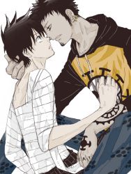 Rule 34 | 2boys, bandages, doctor, facial hair, goatee, hood, hoodie, jolly roger, male focus, medical, monkey d. luffy, multiple boys, one piece, patient, pirate, raglan sleeves, topless male, tattoo, trafalgar law, yaoi