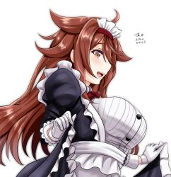 Rule 34 | 1girl, ahoge, alternate costume, apron, black dress, breasts, brown hair, commentary request, dress, dress shirt, enmaided, frilled apron, frills, hairband, kantai collection, large breasts, long hair, looking at viewer, maid, maid headdress, orange eyes, red hairband, shiratsuyu (kancolle), shiratsuyu kai ni (kancolle), shirt, simple background, skirt hold, solo, tk8d32, upper body, white background