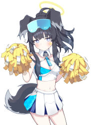 Rule 34 | 1girl, animal ears, black hair, blue-tinted eyewear, blue archive, blush, breasts, cleavage, closed mouth, commentary request, cowboy shot, criss-cross halter, crop top, detached collar, dog ears, dog girl, dog tail, eyewear on head, halo, halterneck, hands up, hibiki (blue archive), hibiki (cheer squad) (blue archive), korean commentary, long hair, medium breasts, midriff, millennium cheerleader outfit (blue archive), navel, pleated skirt, pom pom (cheerleading), ponytail, purple eyes, safety glasses, simple background, skirt, solo, sprout (haji s), star (symbol), tail, tinted eyewear, white background, white skirt, yellow halo