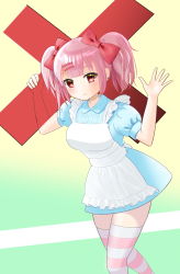 Rule 34 | blackminolith (2ne), blue dress, bow, breasts, cross, dress, gradient background, green background, hair ornament, hairclip, hand up, highres, holding, holding cross, large breasts, medium hair, pink hair, puffy short sleeves, puffy sleeves, red bow, short sleeves, solo, striped clothes, striped thighhighs, thighhighs, twintails, zettai ryouiki