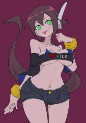 Rule 34 | 1girl, absurdres, aile (mega man zx), bikini, bikini top only, bikini under clothes, black shorts, black sleeves, black tube top, blue bikini, blush, breasts, brown hair, buzzlyears, character name, cleavage, detached sleeves, green eyes, highres, large breasts, long hair, looking at viewer, mega man (series), mega man zx, mega man zx advent, midriff, ponytail, purple background, revealing clothes, robot ears, shorts, simple background, solo, strapless, swimsuit, tongue, tongue out, tube top, underboob