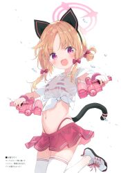 Rule 34 | 1girl, absurdres, animal ear headphones, animal ears, bikini, blonde hair, blue archive, blush, bow, cat ear headphones, cat ears, cat tail, comiket 103, dual wielding, fake animal ears, fake tail, flat chest, hair bow, halo, headphones, heel up, highleg, highleg bikini, highres, holding, holding water gun, kani biimu, looking at viewer, miniskirt, momoi (blue archive), navel, non-web source, open mouth, parted bangs, pink eyes, pink halo, pleated skirt, red bow, red eyes, red skirt, scan, see-through, see-through shirt, shirt, shoes, short hair, short sleeves, simple background, skirt, smile, sneakers, solo, standing, standing on one leg, stomach, striped bikini, striped clothes, swimsuit, tail, thighhighs, tied shirt, water gun, wet, wet clothes, wet shirt, white background, white footwear, white shirt, white thighhighs