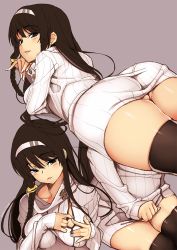 Rule 34 | 1girl, 2016, ass, black eyes, black hair, black thighhighs, blush, braid, breasts, dated, gin (ginshari), hair ornament, hairband, large breasts, long hair, lying, multiple views, on stomach, original, parted lips, ribbed sweater, side braid, simple background, smile, sweater, thighhighs
