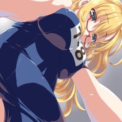 Rule 34 | 1girl, aqua eyes, blonde hair, blush, breasts, commentary, dd (ijigendd), dutch angle, from below, glasses, green eyes, grey background, highres, i-8 (kancolle), kantai collection, large breasts, long hair, looking at viewer, name tag, one-piece swimsuit, outstretched arms, red-framed eyewear, school swimsuit, selfie, semi-rimless eyewear, simple background, solo, swimsuit, under-rim eyewear