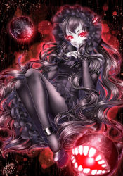 Rule 34 | 10s, 1girl, abyssal ship, achikoako, bare shoulders, black dress, black footwear, black hair, black pantyhose, detached sleeves, dress, frilled dress, frills, gothic lolita, horns, interlocked fingers, isolated island oni, kantai collection, lolita fashion, long hair, looking at viewer, pale skin, pantyhose, red eyes, shoes, smile, solo, very long hair, wavy hair