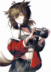 Rule 34 | 1girl, antenna hair, arknights, belt, bird girl, bird tail, black belt, black choker, black shorts, black tube top, breasts, brown hair, camera, choker, collarbone, cowboy shot, hands up, highres, holding, holding camera, jacket, long sleeves, midriff, navel, no eyewear, off shoulder, open clothes, open jacket, open mouth, owl ears, red jacket, short hair, short ponytail, shorts, silence (arknights), simple background, small breasts, solo, strapless, tail, tube top, veilrain, white background, yellow eyes