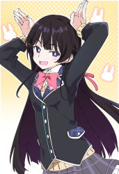 Rule 34 | 1girl, arms up, black hair, blue eyes, bow, bowtie, grey skirt, ixy, long hair, long sleeves, looking at viewer, nijisanji, open mouth, pink bow, pink bowtie, plaid, plaid skirt, school uniform, skirt, smile, solo, tsukino mito, tsukino mito (1st costume), virtual youtuber