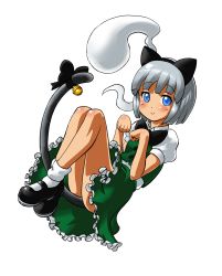 Rule 34 | 1girl, animal ears, bell, blue eyes, bow, bowtie, cat ears, cat tail, fake animal ears, floating, frills, hairband, highres, hitodama, kemonomimi mode, konpaku youmu, konpaku youmu (ghost), legs up, mary janes, nsio, paw pose, ribbon, shoes, short hair, silver hair, simple background, skirt, solo, tail, tail bell, tail ornament, tail ribbon, touhou, vest, white background