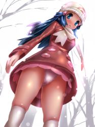 Rule 34 | 1girl, alternate color, artist request, beanie, blue eyes, blue hair, boots, creatures (company), dawn (pokemon), day, female focus, from below, game freak, hat, highres, legs, legs apart, long hair, looking at viewer, matching hair/eyes, miniskirt, nintendo, outdoors, panties, pantyshot, pokemon, scarf, shiny skin, skindentation, skirt, snowing, solo, standing, thighhighs, underwear, white panties, white thighhighs