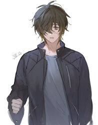 Rule 34 | 1boy, black hair, black jacket, blonde hair, grey background, grey shirt, hair over one eye, highres, jacket, long sleeves, looking at viewer, male focus, one eye covered, open mouth, shirt, slow damage, solo, towa (slow damage), yellow eyes, yumi (honey)