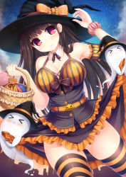 Rule 34 | 1girl, bag, basket, belt, black hair, blush, bow, breasts, buttons, candy, cleavage, collarbone, corset, cowboy shot, detached collar, female focus, food, frilled skirt, frills, halloween, hand on headwear, hat, hat bow, highres, large breasts, lollipop, long hair, looking at viewer, night, night sky, original, pumpkin, red eyes, skirt, sky, smile, solo, star (sky), starry sky, striped clothes, striped thighhighs, taiki ken, thighhighs, twilight, witch hat