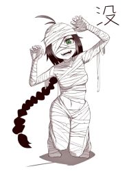 Rule 34 | 13-gou, 1girl, bandages, black hair, braid, breasts, character request, fangs, full body, green eyes, long hair, looking at viewer, mummy, mummy costume, navel, one eye covered, open mouth, simple background, single braid, smile, solo, white background