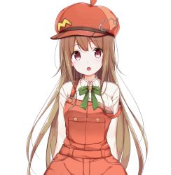 Rule 34 | 1girl, :o, bad id, bad pixiv id, blush, bow, brown hair, brown hat, cabbie hat, collared shirt, commentary request, copyright request, dress shirt, green bow, hair between eyes, hat, head tilt, long hair, long sleeves, na53, overalls, parted lips, red eyes, shirt, simple background, solo, upper body, very long hair, virtual youtuber, white background, white shirt